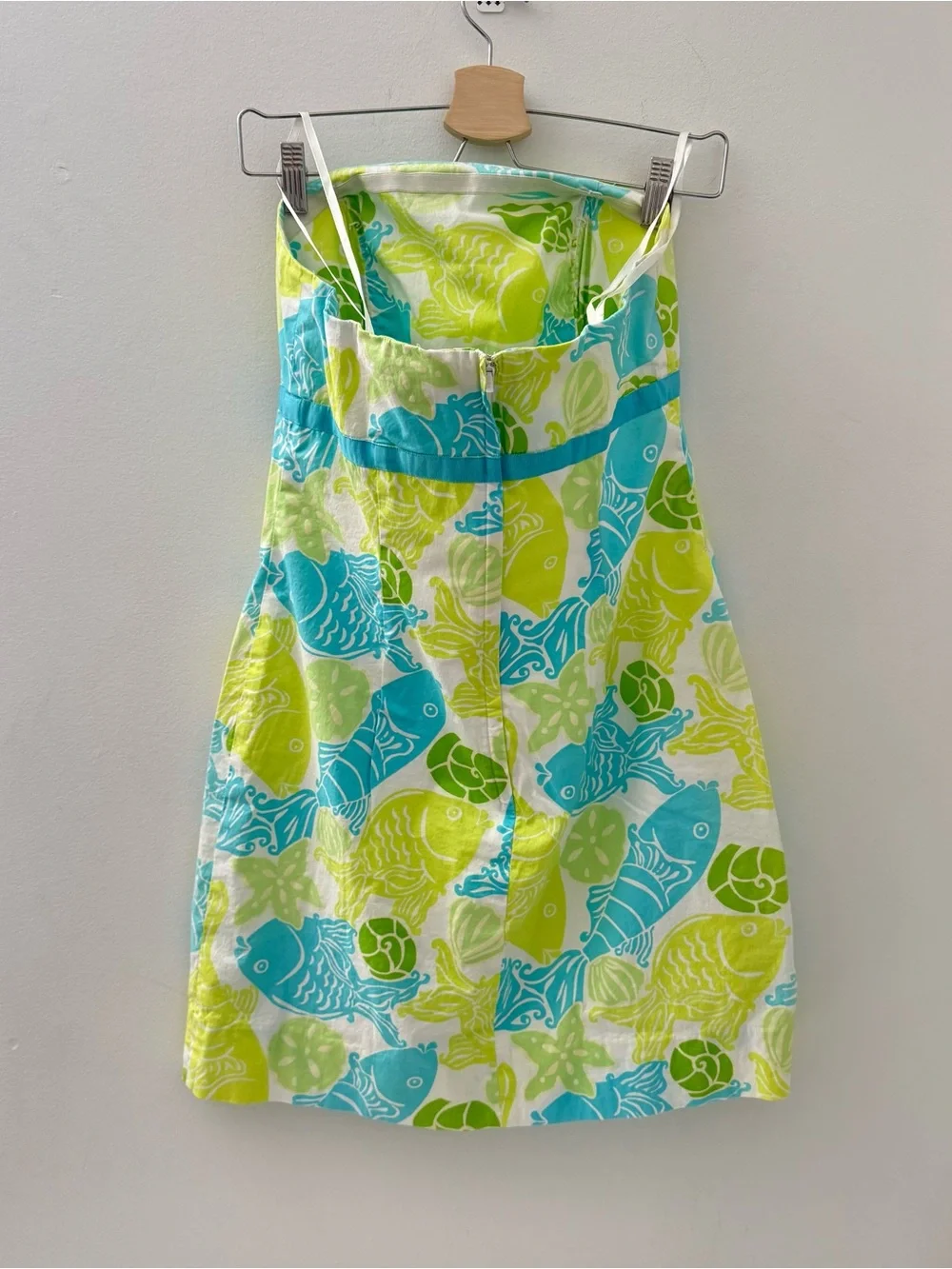 Vintage Lilly Pulitzer Fish Print Clearwater Green Blue Dress Strapless 6 - Picture 2 of 5